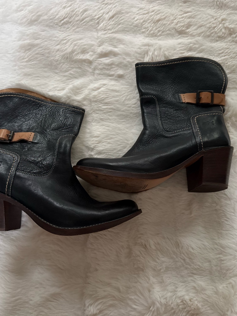 Frye Black Leather Mid-Calf Heeled Boots with Tan Buckle